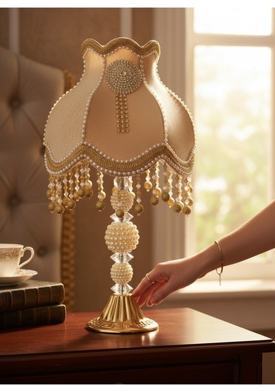 Gold Kadife Kaplı El Yapımı Broşlu Başlık Altın İnci Ayaklı Klasik Model Vintage Abajur