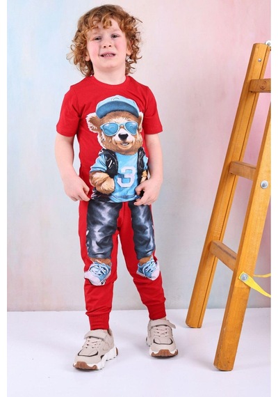 Kıpırık Baby Erkek Çocuk Ayı Desenli Kısa Kollu Tshırt Eşofman 2'li Takım-1092 Kırmızı