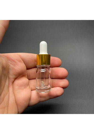 Şeffaf Cam Damlalıklı Şişe Gold Metalik Kapak  5 ML