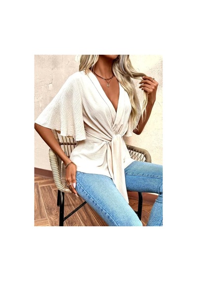 Butik İstanbul Kadın Kısa Kollu Kruvaze Yakalı Belden Bağcıklı Aerobin Bluz Siyah