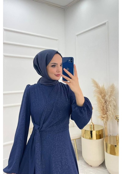 Neşeli Butik Kadın Bağlama Detaylı Jakarlı Tesettür Elbise Nms044 Saks