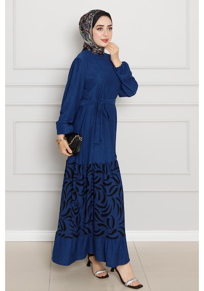 Sevitli Eteği Desenli Karin Elbise-saks Mavi-4269-saks Mavi Saks Mavi