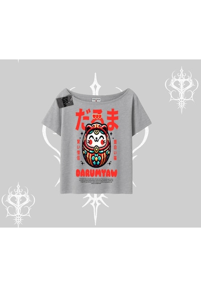 Tarzsokak Kayık Yaka Tshirt Daruma Kedi Anime Baskılı Gri