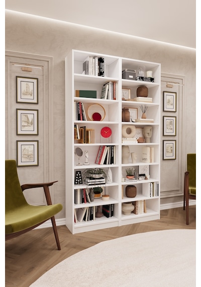 Asra Trend K-09 %100 MDF 120 cm 2 Modüllü Kitaplık 14 Raflı Kütüphane Beyaz
