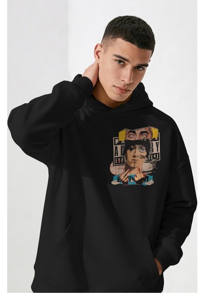 Sevbano Eminem Rapper Şarkıcı Sırt Baskılı Unisex Oversize Penye Hoodie Siyah