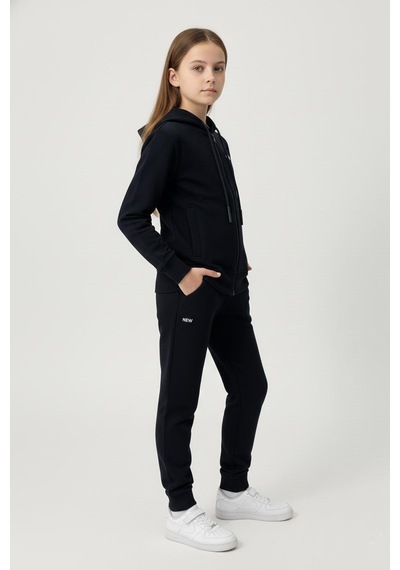 Fermuarlı Kapüşonlu Cepli Unisex Çocuk Eşofman Takımı-90926 Siyah