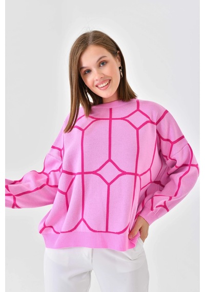 Park Karon Kadın Bisiklet Yaka Desenli Oversize Triko Kazak 224403 Pembe