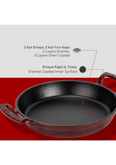 Lava Döküm Yuvarlak Sahan Döküm Demir Yekpare Çift Kulplu Çap Ø 24cm.-bordo Bordo