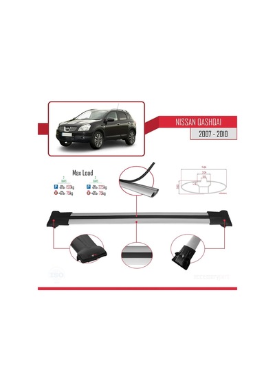 Nissan Qashqai 2007-2010 Arası İle Uyumlu Fly Model Ara Atkı Tavan Barı Gri