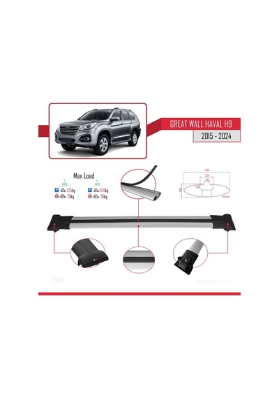 Great Wall Haval H9 2015 Ve Sonrası İle Uyumlu Fly Model Ara Atkı Tavan Barı Gri 3 Adet Bar