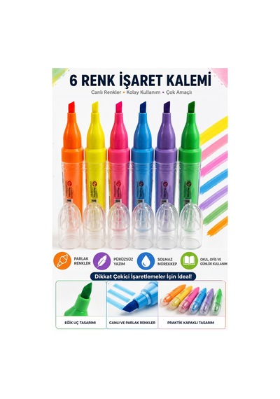 Fosforlu Kalem 6 Renk 1 Paket Fixpoint P-5144 Canlı Renkler 6 Renk İşaret Kalemi 6 Lı Fosforlu Kalem Okul Ofis Solmaz Çok Renkli