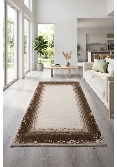 Saten Halı Modern Kaymaz Tabanlı Yıkanabilir Salon Oturma Odası Halısı Çerçeve Çizgili Desen Kahverengi