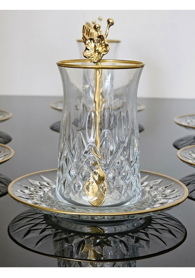 Atabey Home Collection 18 Parça Odin Çay Seti Japon Gülü Çay Kaşikli Cam Tabakli Gold Detayli