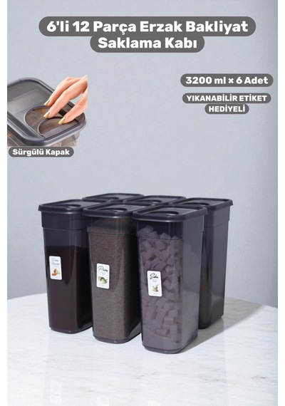6'lı 12 Parça 3200 Ml Erzak Ve Bakliyat Saklama Kabı Seti Hava Geçirmez Kapaklı Mutfak Düzenleyici Gri - 750758782 Gri
