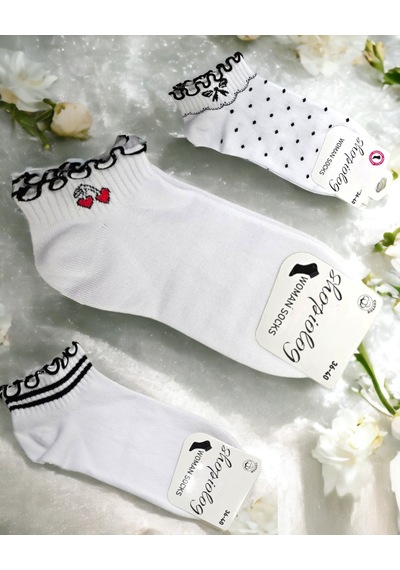 Shopiolog Sevimli Marul Desenli Bilek Çorabı 3'lü Paket Siyah-beyaz Beyaz - Siyah