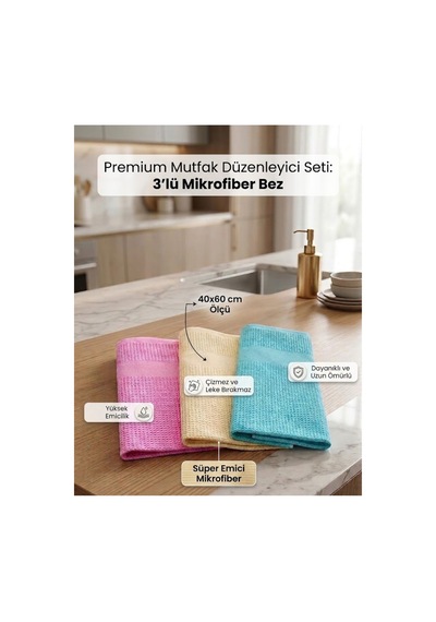 65 Litre Bambu Dokulu Kapaklı Kirli Çamaşır Sepeti Ve 3'lü Mikrofiber Temizlik Bezi Seti Beyaz - 892391513 Beyaz