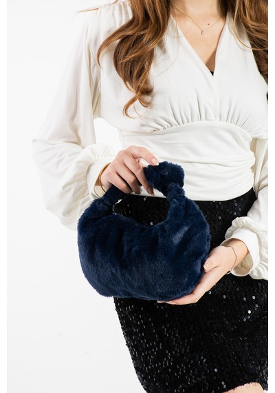 Plush Studıo Istanbul Puff Pouch Mini Kol Çantası, Tavşan Tüyü Peluş Çanta Lacivert Lacivert