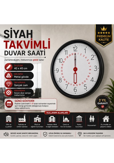 Siyah Takvimli 40 X 40 Cm Metal Duvar Saati
