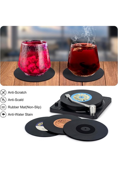 Eski Plak Çalar 7 Parça Dekorlu 6 Lı Bardak Altlığı Vintage Plak Retro Müzik Vinil Dekoru Çok Renkli - Siyah