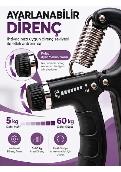 Ayarlanabilir Dirençli El Yayı 5-60 Kg Sayaçlı El Egzersiz Aleti Güçlü Çelik Yay Kaymaz Sap