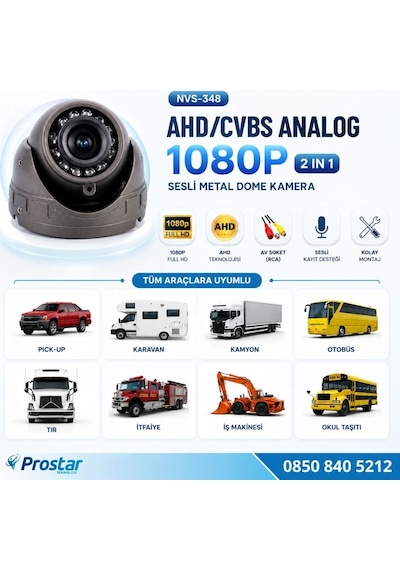 Mikrofonlu Ahd 1080p/analog Cvbs Pal Araç İçi Metal Dome Kamera Rca Sarı Soketli, Ir Gece Görüşlü