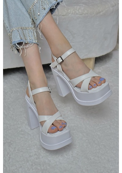 Asmi Shoes Kadın Çapraz Bantlı 12 Cm Platformlu Topuklu Ayakkabbı Beyaz Beyaz