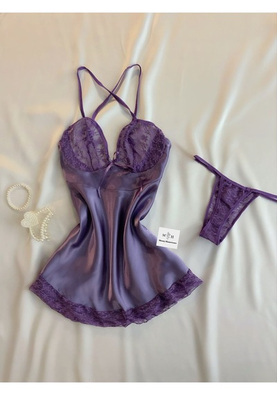 Mh Moony Homewears 2'li Lafife Ekstra Mini Saten Gecelik I Ç Giyim Seti Mor