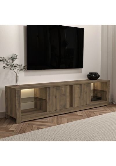 Aydos LED Işıklı Modern TV Sehpası – Cam Raflı, 2 Kapaklı, 180 cm, Antik Ceviz
