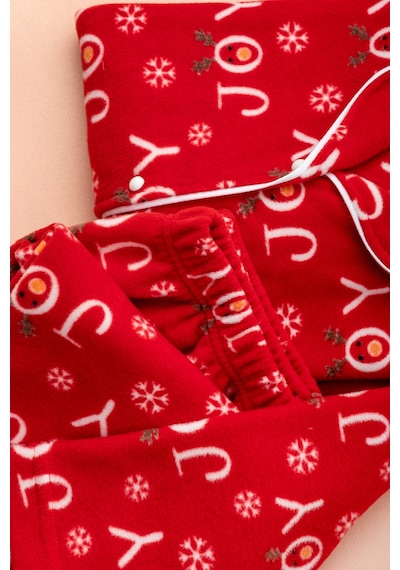 Nisanca Kışlık Yılbaşı Desenli Kadın Gömlek Polar Pijama Takımı- Geyikli Yılbaşı Pijaması- Büyük Beden Pijama Kırmızı