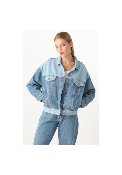 Kadın Renk Bloklu Oversize Jean Ceket Mavi 001