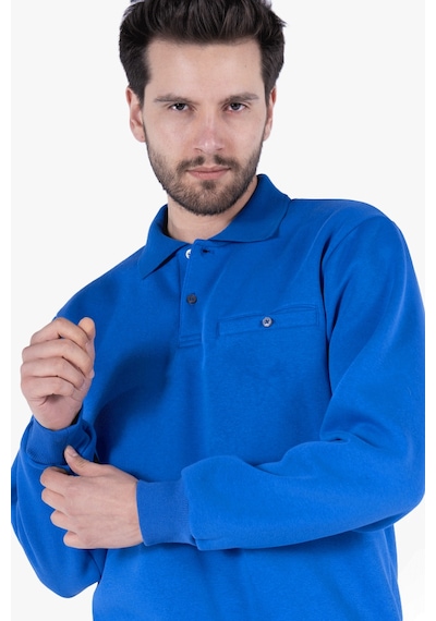 3 İplik Polo Yaka Fleto Cepli Sweatshirt Saks Mavi