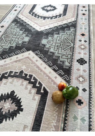 Geometrik Madalyon Desenli Siyah Ve Gri Etnik Halı - Ar856bg Siyah - Gri