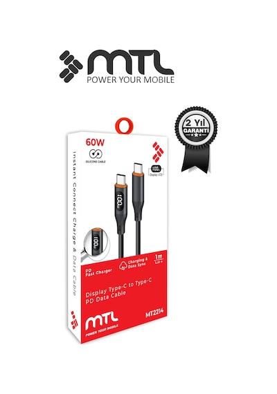 60w Type-c To Type-c Watt Göstergeli Silikon Hızlı Şarj Ve Data Aktarım Kablosu 1 Metre Mt 2214
