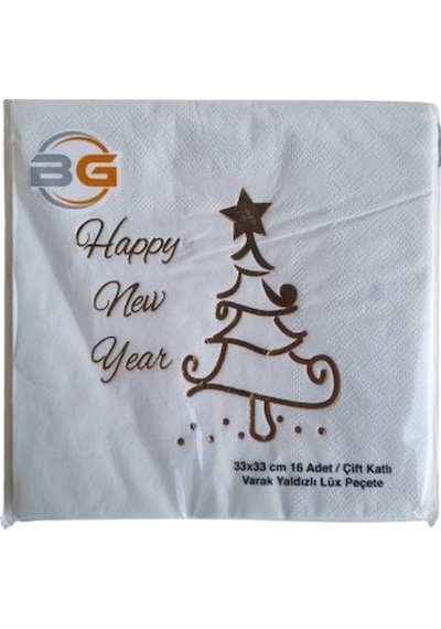 16'lı Yılbaşı Temalı Çift Katlı Peçete - Happy New Year Gold Varaklı Beyaz Lüks Davet Peçetesi Seti Diğer