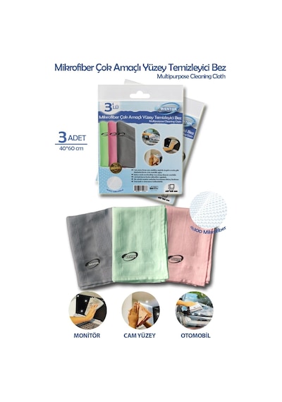 Hobibahçem İz Bırakmayan Mikrofiber Temizlik Bezi 3'lü Set Cam Ve Ayna Silme Toz Alma Temizlik Bezi
