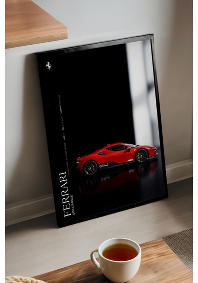 Ferrari Sf90 Stradale Siyah Ahşap Çerçeveli Poster, Dekoratif Araba Duvar Tablosu
