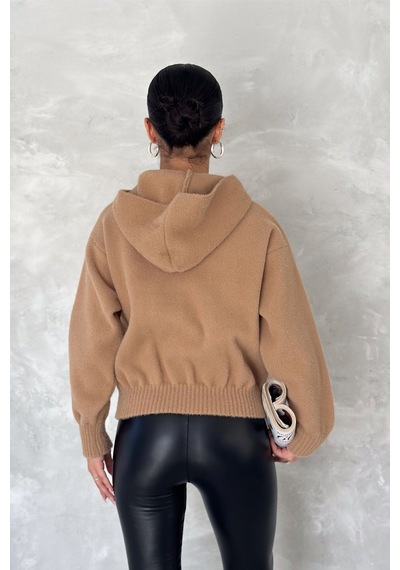 Femelle Kadın Kahverengi Standart Beden Kapüşonlu Peluş Triko Sweatshirt
