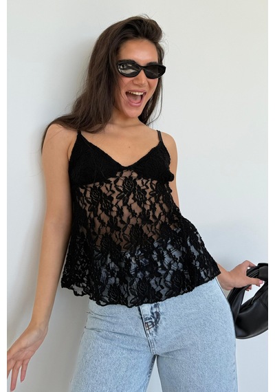 Madmext Siyah Askısı Ayarlanabilir Dantelli Bluz Mg2348
