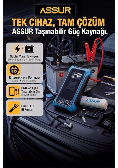 4'ü 1 Arada Dijital Göstergeli Powerbank Led Fener Hava Kompresörü Şarjlı Akü Takviye Cihazı-3277