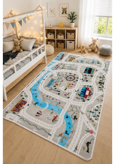 STY Home Trafik Çocuk Oyun Halısı Kaymaz Makinede Yıkanabilir Eğitici Bebek Ve Çocuk Odası Halısı Oyun74 Gri