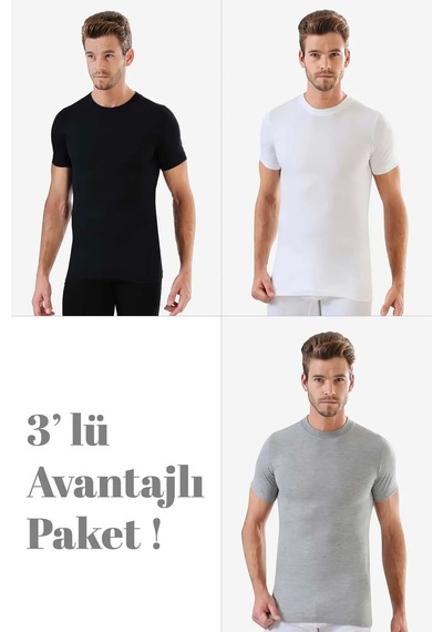 Floranova Hediyelik Eşya Rahat İçlik Sade Tarz Erkek Beyaz Siyah Gri Sıfır Yaka Kısa Kollu Fanila 3'lü Çok Renkli