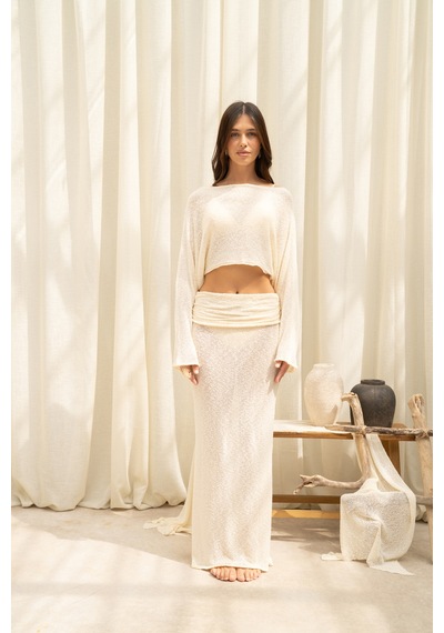 Mai Collection Naval Bej Crop Etek Triko Takım