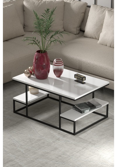 Reyo Falez Deluxe Raflı Orta Sehpa 60x90 Cm Modern Dikdörtgen Orta Sehpa Beyaz
