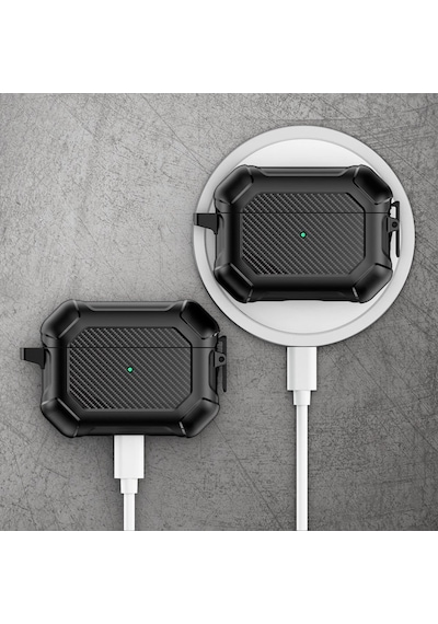 Apple Uyumlu AirPods Pro 3. Nesil İle Kılıf Kilitli Armor Tank Karbon Detaylı Difu Case Siyah