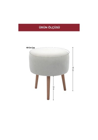 Modern Ahşap Ayaklı Dekoratif Puf, Tabure 6096 Kırıkbeyaz