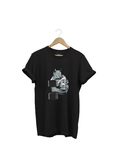 Gym Sporcu Fitness Dumbell Kaldıran Boğa Regular Fit %100 Pamuk Siyah T-shirt Siyah