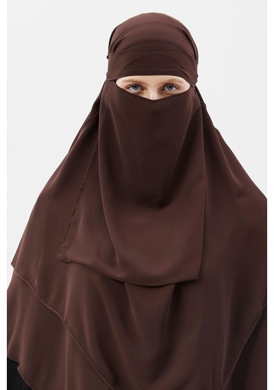 Altobeh Hazır Pratik Şifon Üç Katlı Peçeli Üçgen Hac Umre Şalı Sufle Hijab Nikap Kahve Rengi