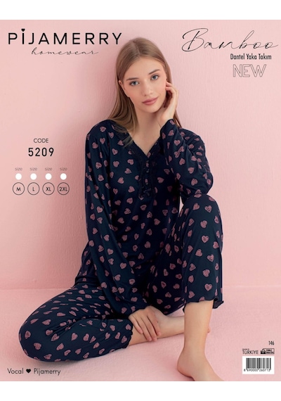 Pijamerry Kadın Bambu Baharlık Dantel Yaka Uzun Kol İnce Pijama Takımı 5209l - 1 Adet Lacivert Pijamerry Kadın Bambu Baharlık Dantel Yaka Uzun Kol İnce Pijama Takımı 5209l - 1 Adet Lacivert
