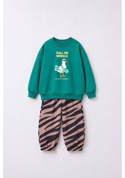 Magu Çocuk Pamuklu Oversize Baskılı Yeşil Sweatshirt Ve Desenli Eşofman Altı Takımı