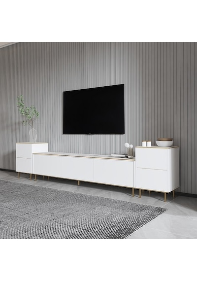 Tv Sehpası Kozan Set Beyaz Mermer Desen Gold 260 Cm